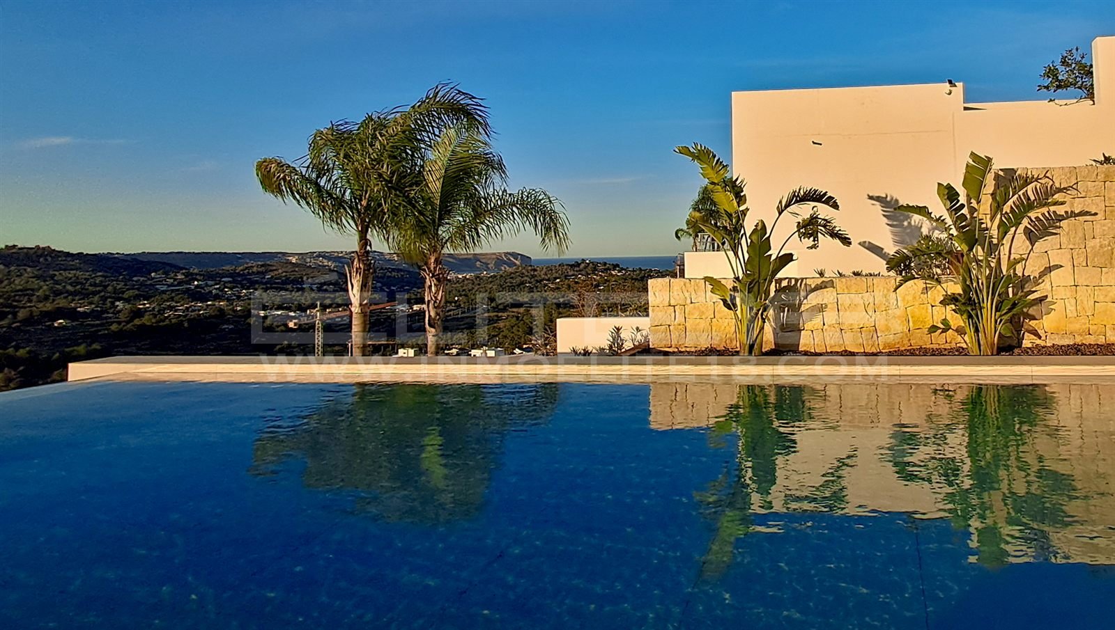 Piscina infinita con palmeras y el mar al fondo